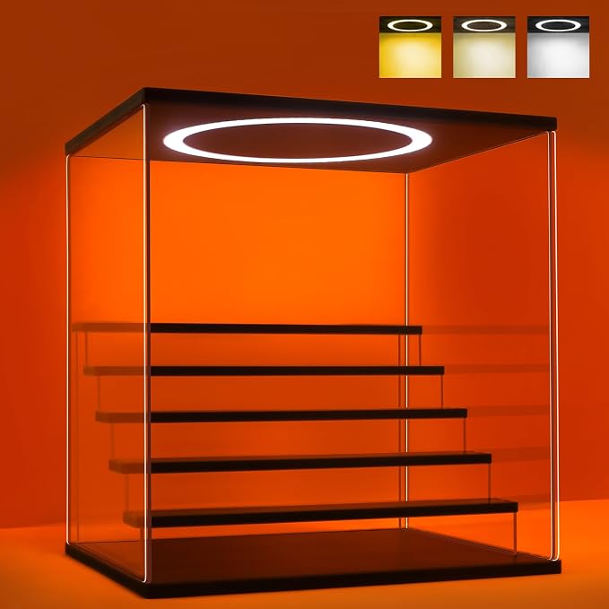 Acrylic Display Case with Adjustable LED Light, 6 Tier Clear Display Box Dustproof Showcase for Action Figures, Collectibles and Mini Toys, Assembly Display Cabinet(Black 15.5*12.5*16.7in)