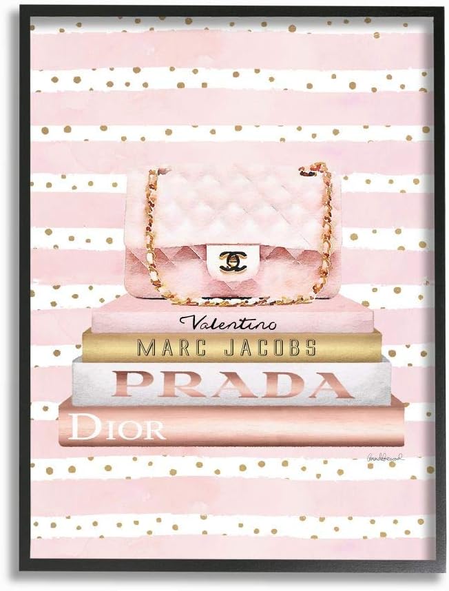 Stupell Industries 'Pink Purse Bookstack Over Stripes', Framed Giclee Art, Black, 24 x 30 Inches, Easy to Hang and Sturdy, Made in USA, by Amanda Greenwood