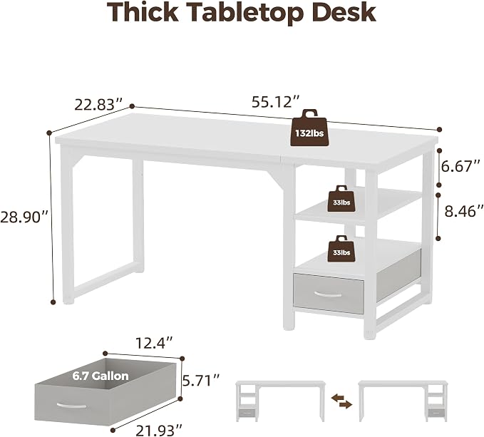 54 in Computer Desk with Drawer, 1" Thick Reversible Office Desk | Large Modern Writing Table with Storage Shelves, Heavy Duty Industrial Executive Desk for Home Bedroom Study Work