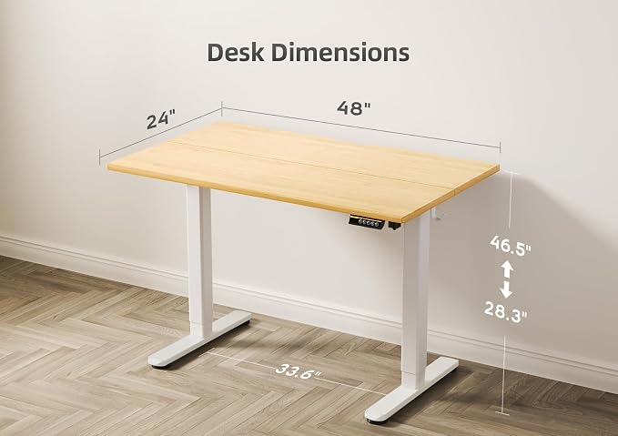 Claiks Electric Height Adjustable Standing Desk, 48x24 Inch, Bamboo | Smooth Height Adjustment, 3 Memory Presets, Cable Management Hub&Hook, Stable Steel Frame, 176lbs Capacity, Easy Assembly