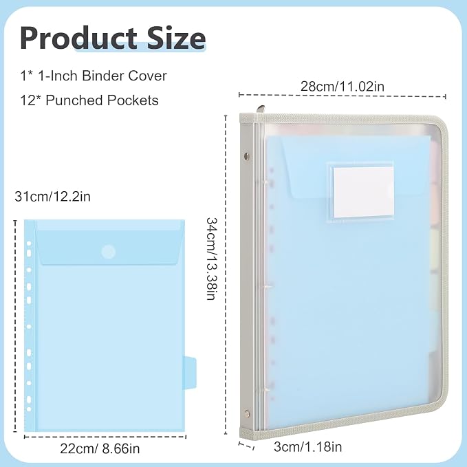 Uquelic Clear Zipper Binder with 12 Colorful Letter/A4 Pockets | 3 Ring Document Organizer with Dividers - Durable PP Cover, Large Capacity Cute Folder for School, Office & Home