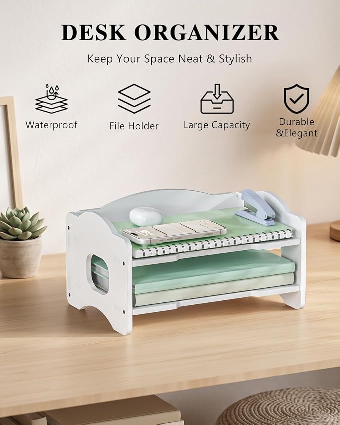 WALI Desk File Organizer, 2 Tier Stackable Desktop Paper Letter Tray Organizer with Handle, Office Desk Accessories & Workspace Organizers for Office, Home, School Supplies, 1 Pack, White