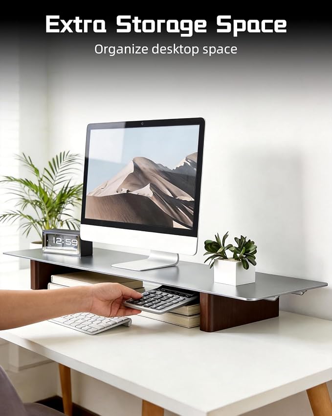Aluminum Monitor Stand Riser, Ergonomic Desktop Shelf with Wooden Legs - 31.5” Wide Heavy Duty Computer Stand for Home Office, Universal Desktop Monitor Riser for PC, iMac, MacBook, Laptop