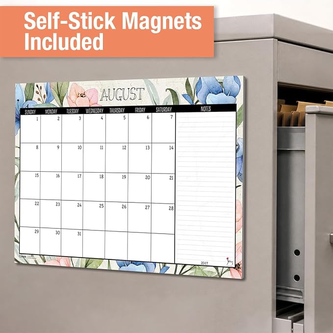Current 2027-2028 Desk Calendar Pad | Meadow Dance, 11” x 16.25”, Large, 2024-Month, 12 page Designs, Self-Stick Magnet Strips