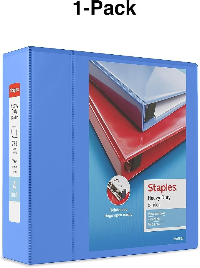 Staples Heavy-Duty 4-Inch 3-Ring View Binder with D-Rings, High-Capacity Binder for Office & School Storage, Periwinkle