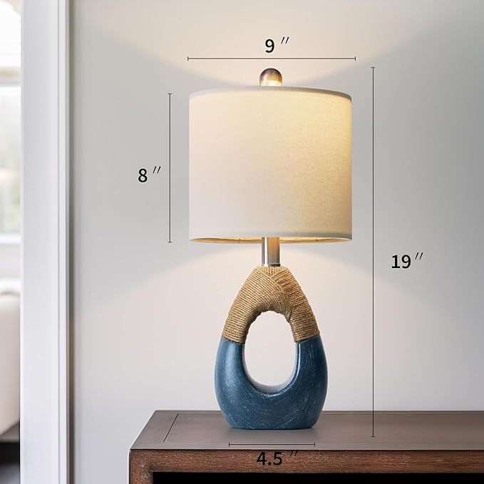 19" Boho Bedside Lamps Set of 2, Suitable for Small Spaces, Blue Table Lamps for Living Room & Coastal Farmhouse End Tables