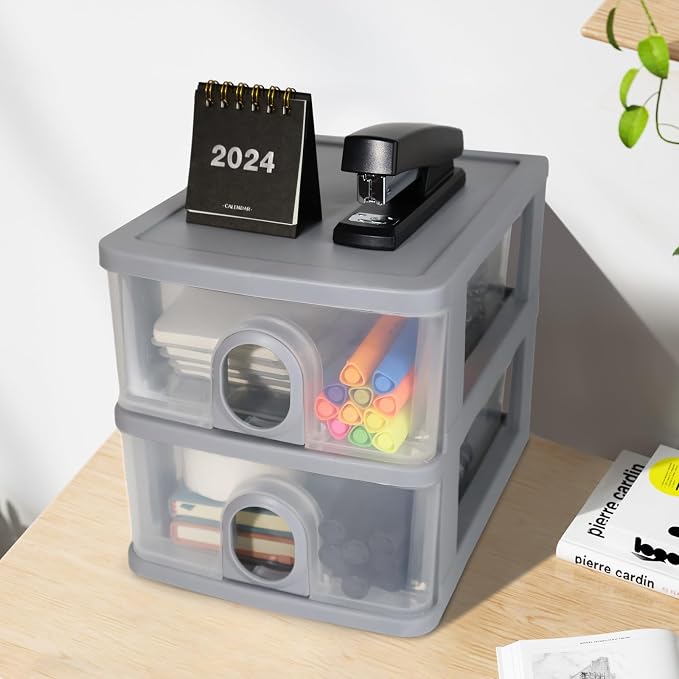 Desktop Storage Drawers, Desk Organizer with Drawers, 2 Drawers Organizing Drawers Clear Small Plastic Storage Drawers for Crafts, Accessories, Stationeries, Office Supplies, Pens (1Pack)