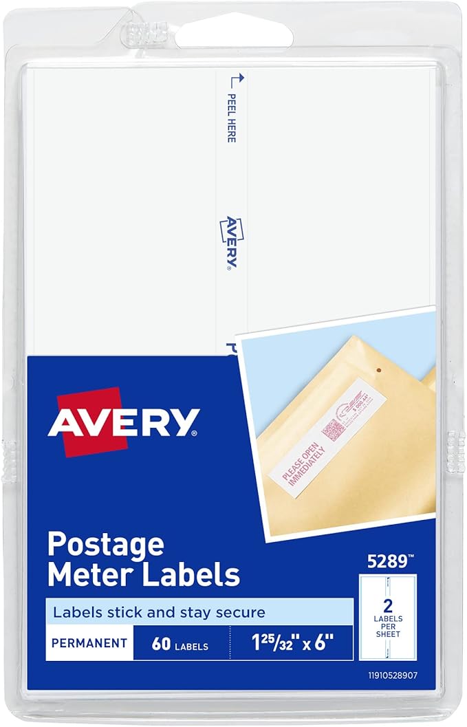 Avery® Postage Meter Labels for Personal Post Office, 1-25/32" x 6", White, 60 Mail Meter Labels (05289)