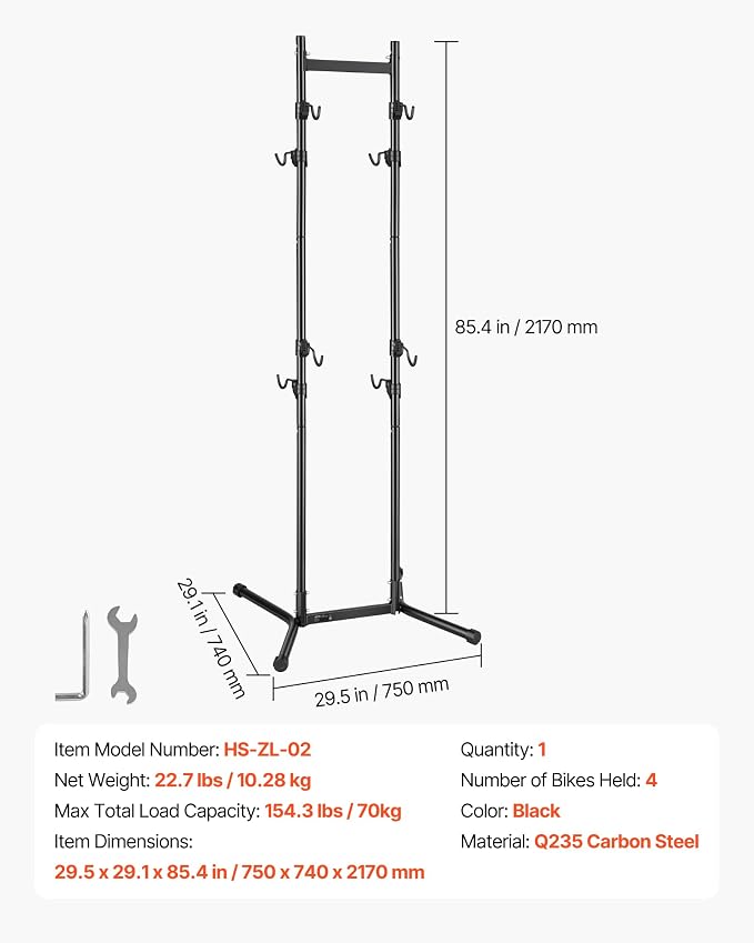 VEVOR Bike Stand for 4 Bikes, Freestanding Vertical Bike Storage Rack, with Height-Adjustable Hooks, Heavy-Duty Carbon Steel Garage Bicycle Floor Stand, Ideal for Garage, Apartment, Home, Black