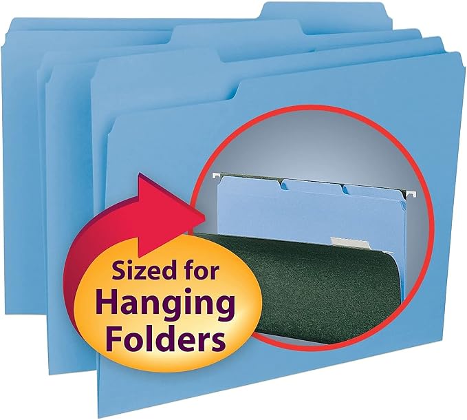 Smead Interior File Folder, 1/3-Cut Tab, Letter Size, Blue, 100 per Box, Expandable File Folders for Filing Cabinet