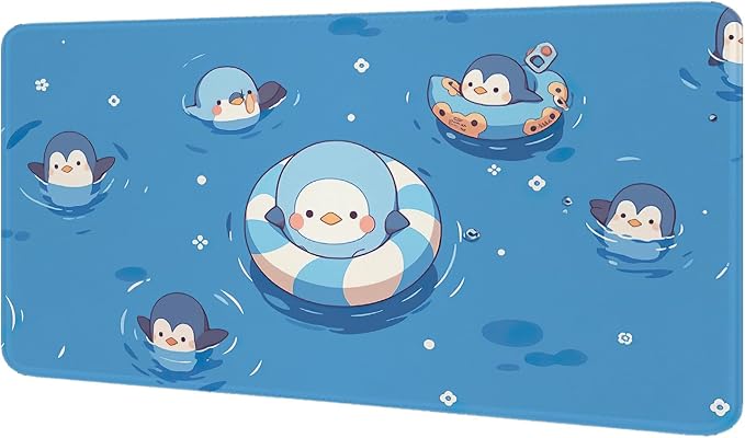 Blue Cute Anime Penguin Keyboard Pad,Non-Slip Gaming Mouse Pad,Large Size Stitched Edge Desk Pad for Office and Game X-Large（11.81"x31.49"x0.12"）