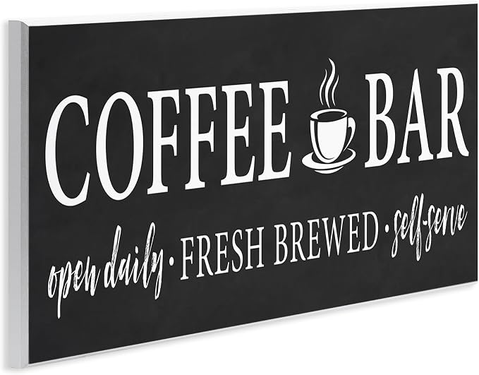Stupell Industries 'Coffee Bar Open Sign Casual Black Design', Wall Plaque Art, 17 x 7 Inches, Easy to Hang and Sturdy, Made in USA, by Lettered and Lined | Stupell Industries | 17 x 7 Inches, Easy to Hang and Sturdy, Made in USA, by Lettered and Lined