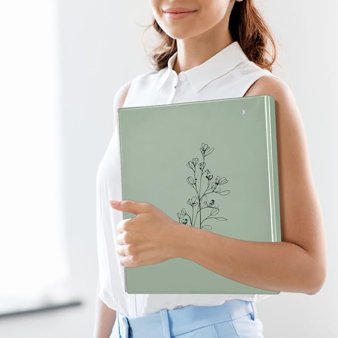 Sage Green Minimalist Floral Binder 3 Ring 1.5 Inch Binder with Clipboard&Pockets, Hardcover Binders Heavy Duty Large File Folder for Office School Supplies - Holds 200 Sheets