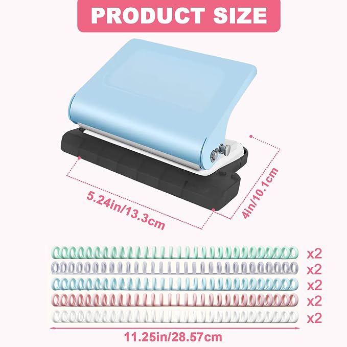 10 Hole Punch Binding Machine for Planner, Manual Binding System with 10 Multi-Color Binder Rings for Making 26 Holes on B5, 30 Holes on A4, 20 Holes on A5 Book, 10 Sheet Capacity (Blue)