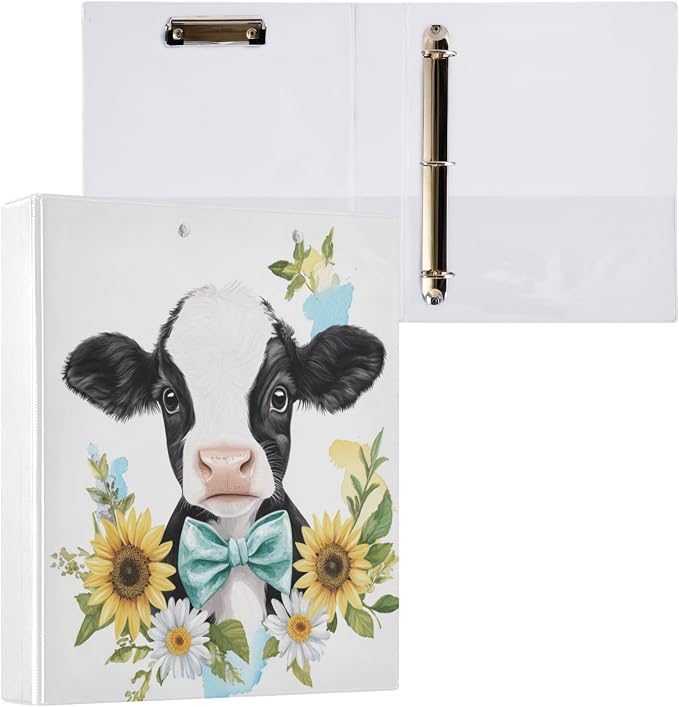 Sunflower Cute Cow Binder 1.5 Inch Binder with Clipboard&Pockets, Daisy Flower Cow Hardcover Binders 3 Ring, Heavy Duty Large File Folder for Office School Supplies - Holds 200 Sheets, 2 Pack