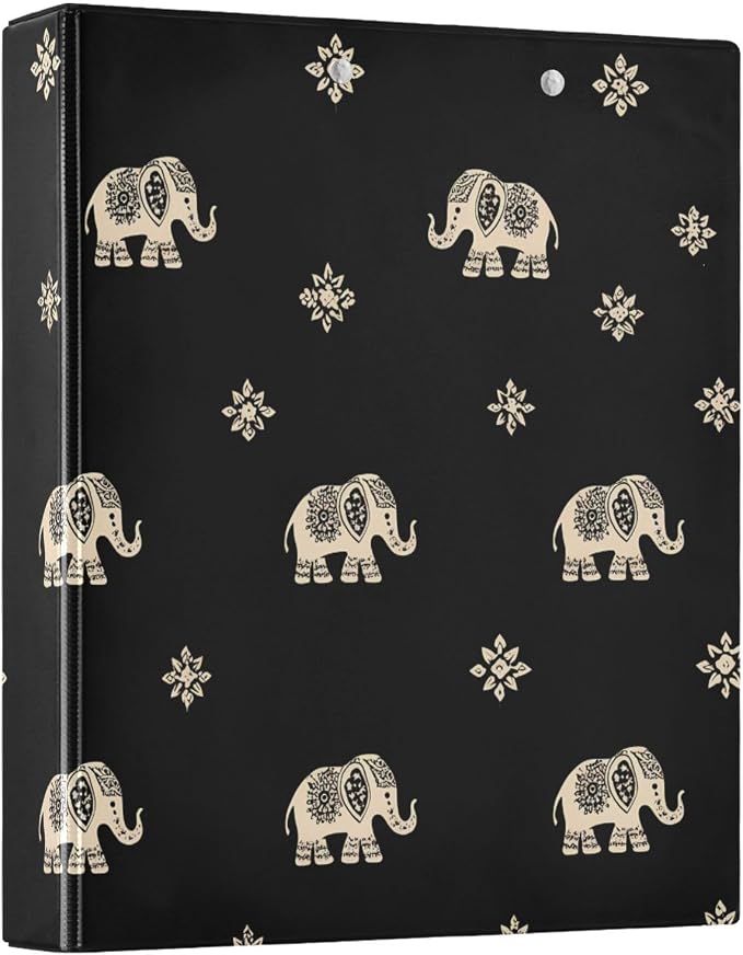 3 Ring Binder Indian Elephant Black 1.5 inch Binders Three Ring Binders with Clipboard Fit 8.5'' x 11'' Paper 3 Interior PVC Clear Pockets for Office Supplies