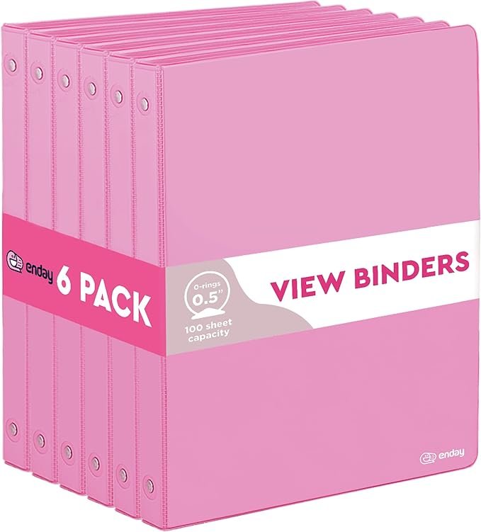 Enday 1/2 inch Binder 3 Ring Binder (6 Pack - Pink) O-Ring Binder with Clear View Cover and 2 Inside Pocket - for Letter Size 8.5 x 11'' Paper, Ideal for School Supplies, Office, and Home