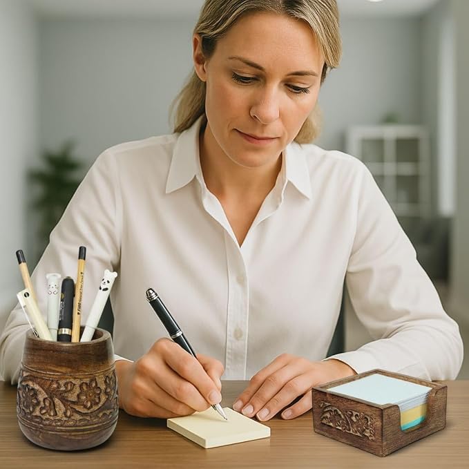 Mie Creations Set of 2 Pen, Sticky Note Holder for Office Desk Organizer | Rustic Wooden Desktop Accessories, Handmade Floral Pencil Stand & Post it Note Dispenser, Aesthetic Stationery Decor