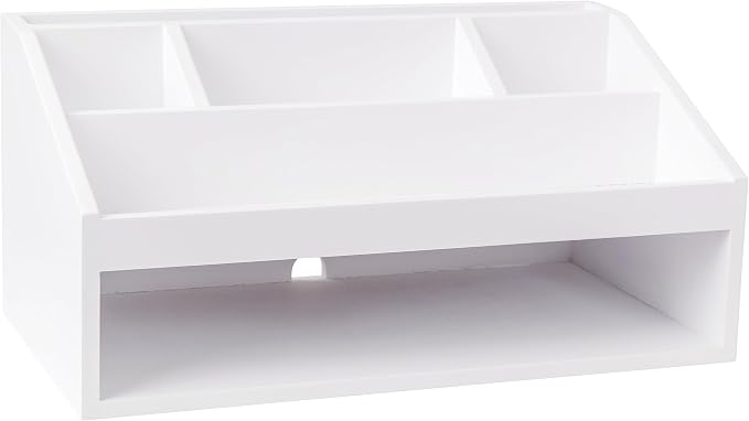 Martha Stewart Weston Wood Desktop Organizer, White | Open Lower Storage, Engineered Wood, Multipurpose