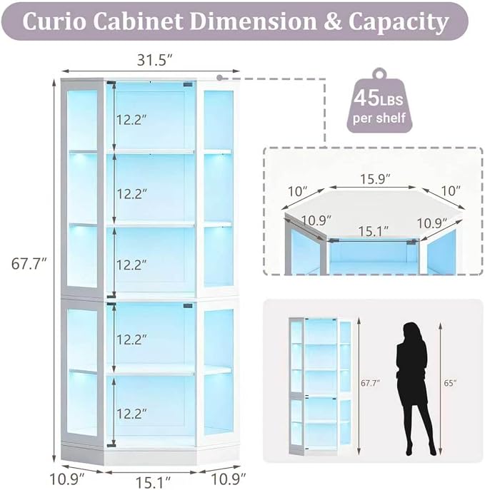 Corner Display Cabinet with Glass Doors, 5-Tier Curio Cabinets with RGB Lights, 71" Display Case with Wood Shelves for Collectibles, White