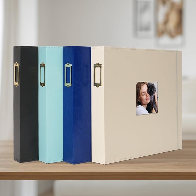 Leather Photo Memory Book 12x12 in, 50 Sleeves Black | 3-ring scrapbook album, 100 pages, PVC protected acid-free, for wedding travel family