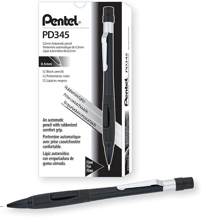 Pentel PD345A, Quicker Clicker™, Automatic Pencil, 0.5mm Lead Size, Black Barrel, Box of 12