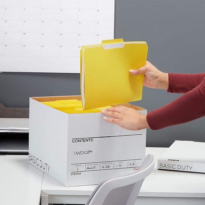 STAPLES Corrugated File Box, Lift-Off Lid, Letter/Legal, White/Black, 10/Pk | Stackable storage boxes for document organization in offices, archives, and storage rooms.