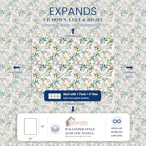 PINWELIFE® Acoustic Art Tiles – 8-Pack 12"x16" Sound Absorbing Panels, Seamless Wallpaper-Style Decorative Acoustic Wall Art, Echo Reduction for Home Studio/Office, Nano Tape Included