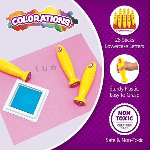 Colorations Lowercase Letter Stampers, Easy to Hold & Grasp, Ages 3+, PreK+ | Set of 26, Letter Stampers for Kids, Learn the Alphabet, Letter Recognition, Decorating & Card Making, ABC Stampers for Kids