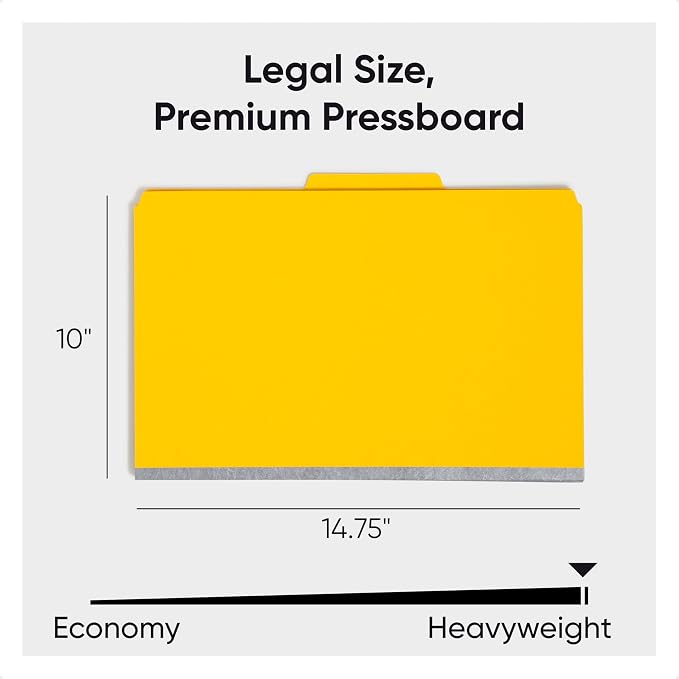 Smead Pressboard Legal Size File Folders with SafeSHIELD Fasteners, 2 Dividers, 2" Expansion, Office Folders, Paper Holder, Yellow, 10 per Box (19034)