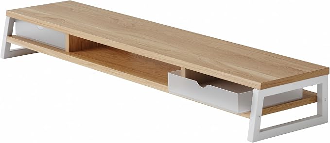 Fenge Dual Monitor Stand Riser, 42.5in Desk Shelf with 2 Drawers, Dark Oak | 2-Tier Monitor Shelf for Desk, Storage Drawer with Stopper, Frosted, fit Home Office, Ultrawide Screen, PC, Laptop, TV