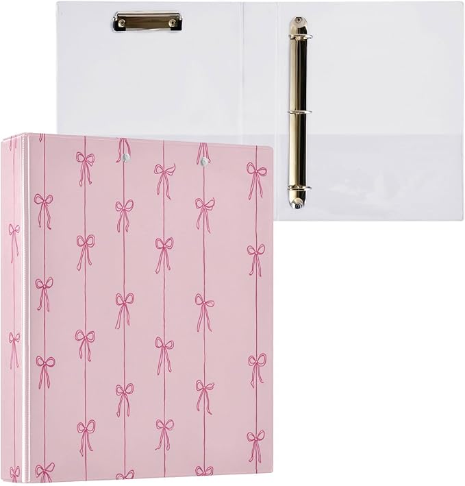 Aslsiy Ribbons Bow Coquette 3 Ring Binder 1.5 Inch Pink Round Clipboard Binder Decorative Harcover Binder Organizer for Office Supplies