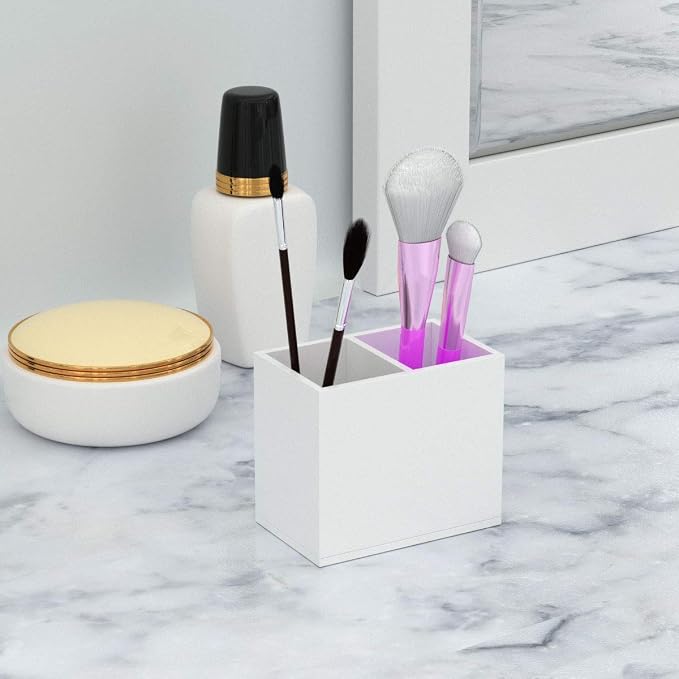 NIUBEE White Acrylic Pen Holder 2 Compartments, Desk Office Pencil Cup Desk