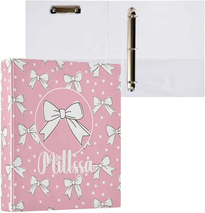 Cute Bows 3 Ring Binder with Clipboard Round Ring Binders Polka Dots Pink Name Custom Binder 3 Interior Clear Pockets for Office Supplies 1 Pack