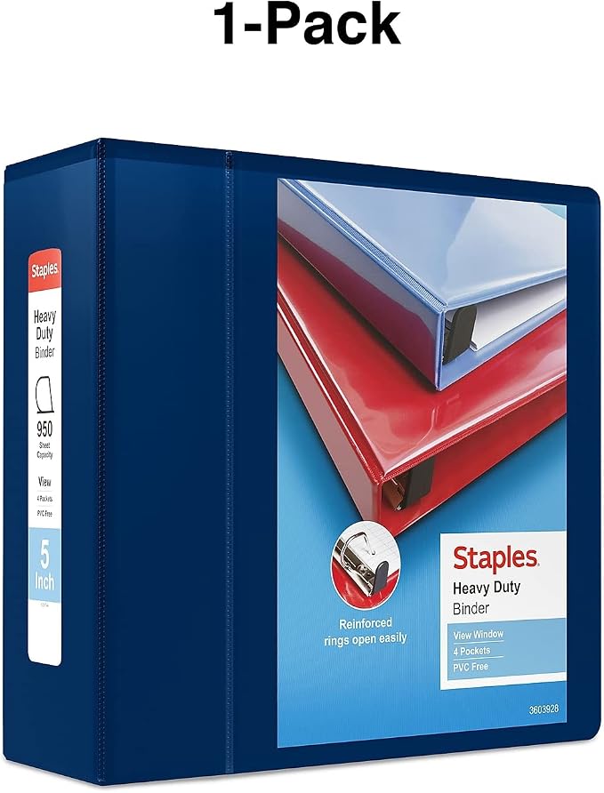 Staples Heavy-Duty 5-Inch D-Ring View Binder, Extra Large Capacity Holds Up to 1,000 Sheets, Navy, for Office & Archiving