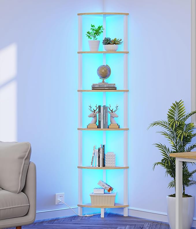VIMBER 6-Tier Corner Shelf with LED Light, Industrial Corner Ladder Shelf, Rustic Display Shelf for Living Room, Bedroom, Kitchen, Home Office, Sturdy Frame, White and Nature Wood Color UJSJ002Q