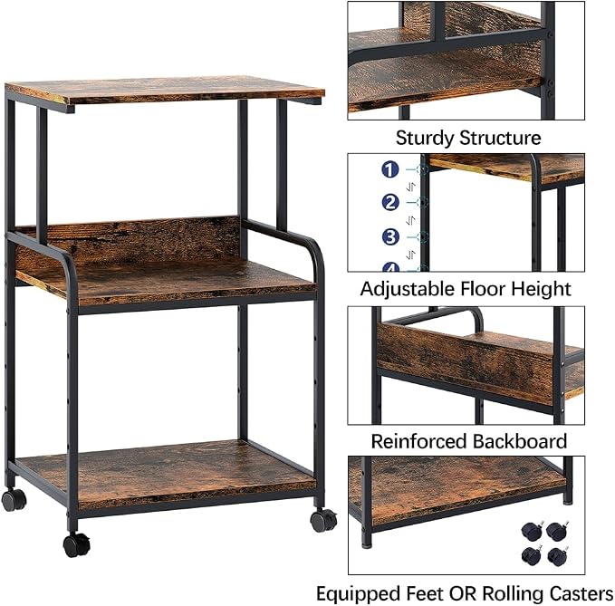 Arbuxzuy Printer Stand with Storage Shelf,3 Tier Printer Cart with Wheels,Mobile Printer Table for Home Office,Stands for Printer Heat Press Scanner Fax,Industrial Style (Brown)