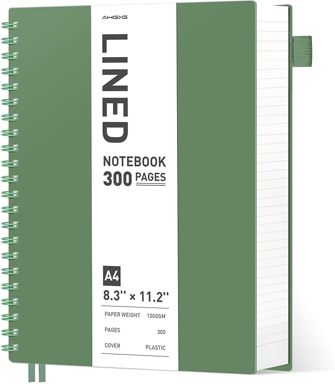 AHGXG Spiral Notebook College Ruled - Spiral Journal Perforated Notebook A4 8.5" x 11", 300 Pages Easy Tear Perforated Pages, 100GSM Thick Paper, Plastic Hardcover, for Writing Work School, Green