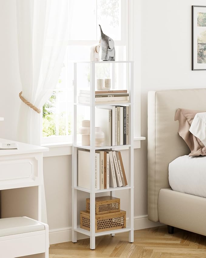 Open Book Shelf, 5 Tier Tall Bookshelf, Freestanding Shelf Narrow Bookcase with Open Shelves, 14.96" x 10.63" x 53.54", Book Shelves for Living Room, Office, Study, White