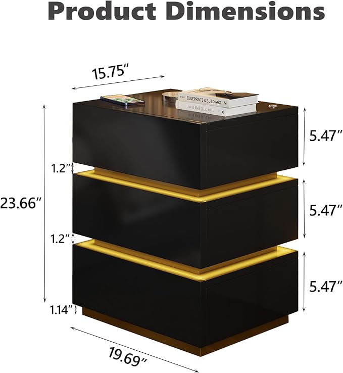 Nightstand with Charging Station, Night Stand with Drawers and LED Lights, Bedside Table, Modern End Table for Bedroom