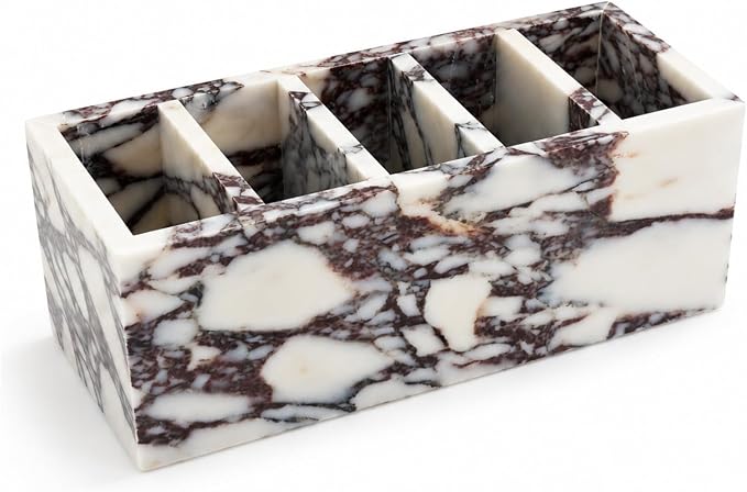 5-Compartment Marble Desk Organizer, 9.84 in | Natural marble 5-section organizer for pens, makeup brushes, cotton swabs, lipsticks, and slim daily items.