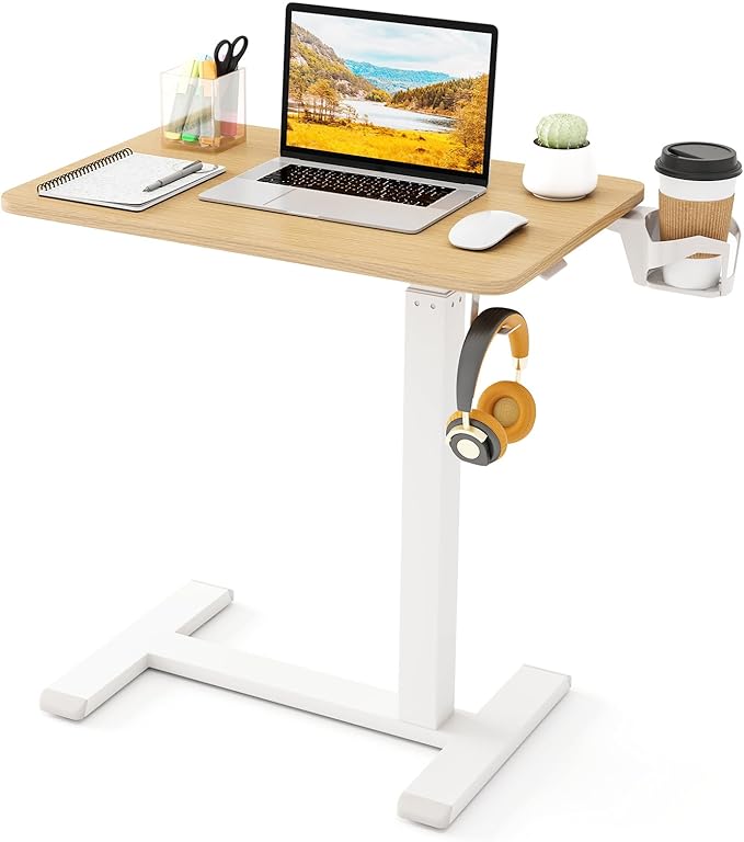 Tangkula Mobile Standing Desk, Pneumatic Height Adjustable Rolling Desk with Cup Holder & Headphone Hook, Overbed Table with Hidden Wheels, Laptop Computer Cart for Couch, Home, Office (Natural)