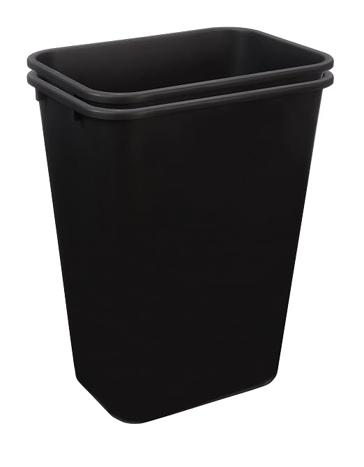 Amazon Basics Rectangular Plastic Office Wastebasket, Easy to Clean,15.5"L x 11.5"W x 20"H, 10 Gallon, Black, 2-Pack