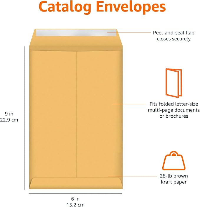 Amazon Basics Self Seal Catalog Envelopes for Business Mailing, Peel and Seal, 6" x 9", Brown Kraft, 100-Pack