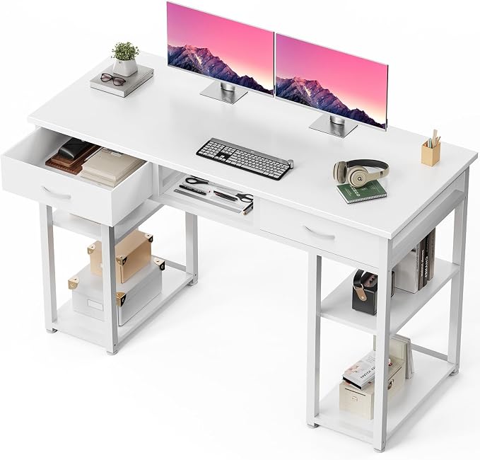 DUMOS 48-Inch Computer Desk with Drawers and Hook, White | Home Office Desk for Bedroom, Gaming Writing Study Desk with Adjustable Feet