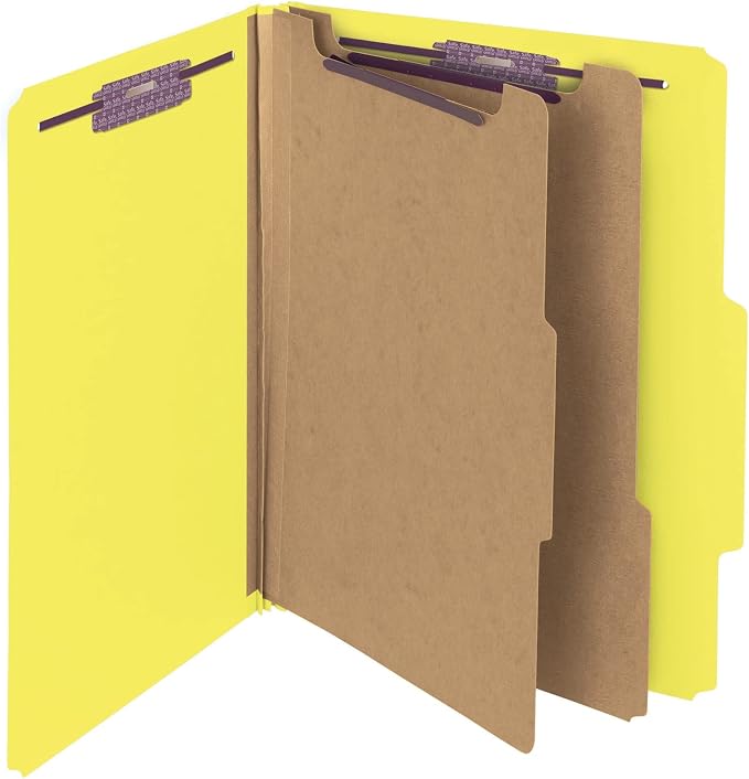 Smead Pressboard Classification File Folder with SafeSHIELD Fasteners, 2 Dividers, 2" Expansion, Letter Size, Yellow, 10 per Box (14034)
