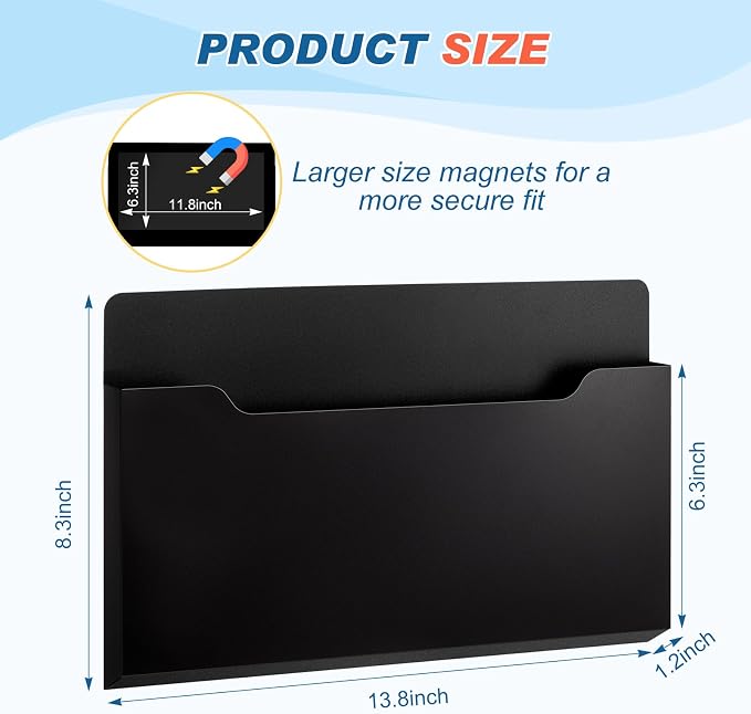 Feifeiya 2 Pcs Magnetic File Folder Wall Hanging Holder Large Pocket Paper Magazine Mail Organizer for Refrigerator Classroom Locker Whiteboard(Horizontal,Black Clear,13.8 x 8.3 Inches)