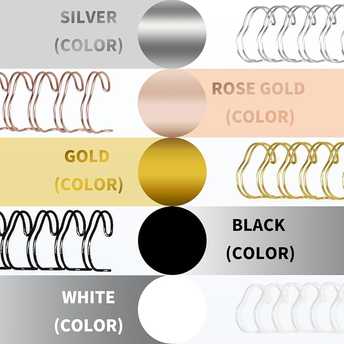 RAYSON Wire Binding Spines, 7/16" Multicolor 2:1 Pitch 21-Hole Double Loop Binding Wires for Letter Size, 90-Sheet Capacity, 100 Pack, Black/White/Rose Gold/Silver/Golden