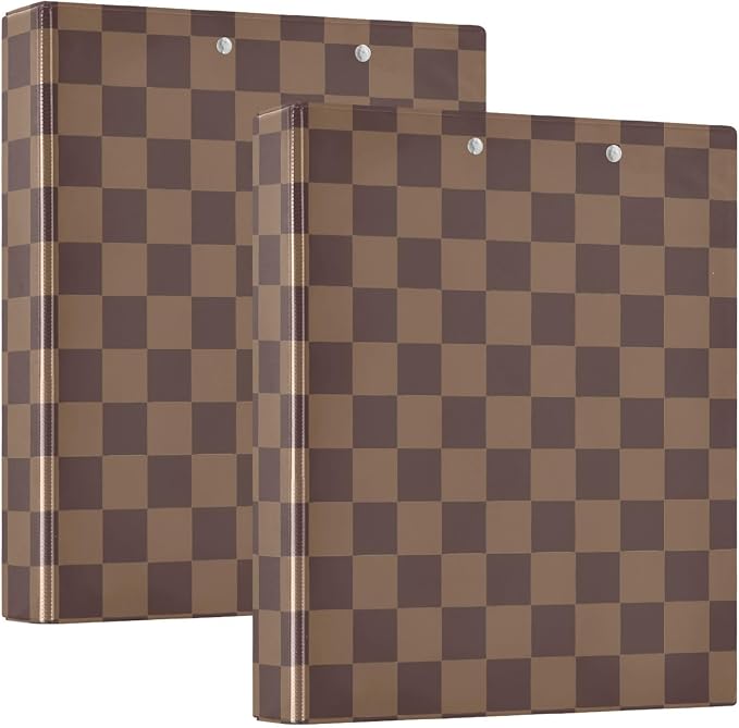 3 Ring Binder Brown Checkerboard B 1.5 inch Binders Three Ring Binders with Clipboard Fit 8.5'' x 11'' Paper 3 Interior PVC Clear Pockets for Office Supplies