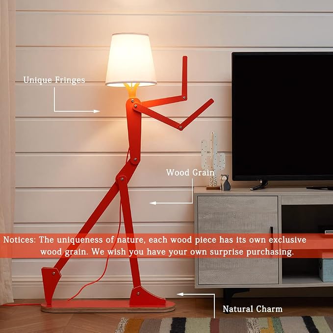 Cool Tall Wood Floor Lamp Corner Reading LED Bulb Included, Orange | Unique Design, Bedroom, Living Room, Office, Kids Bedside, Dorm, Decorative Standing Light, Creative Swing Arm